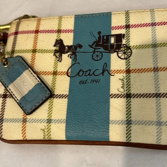 Coach Plaid Wristlet in Cream and Blue - Picture 2 of 12